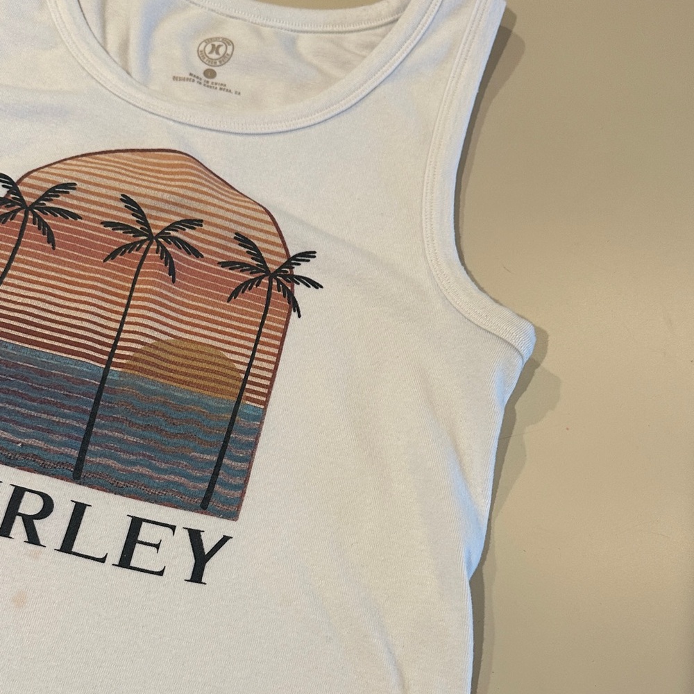 Hurley White Tank Top Beach Palm Trees Summer - Picture 3 of 5